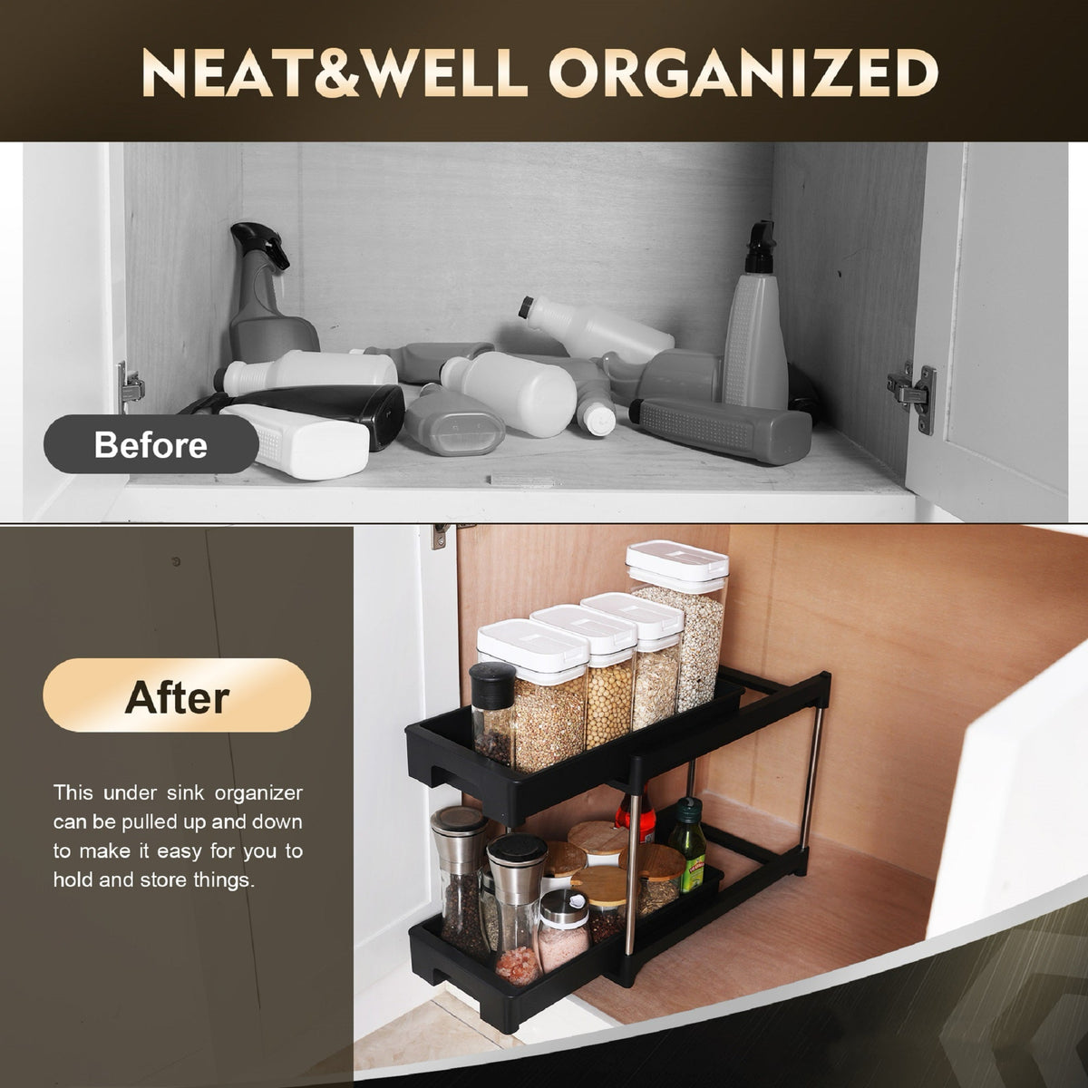 2-Tier Under Sink Pull-Out Organizer with Hooks - Nest Nova Stores