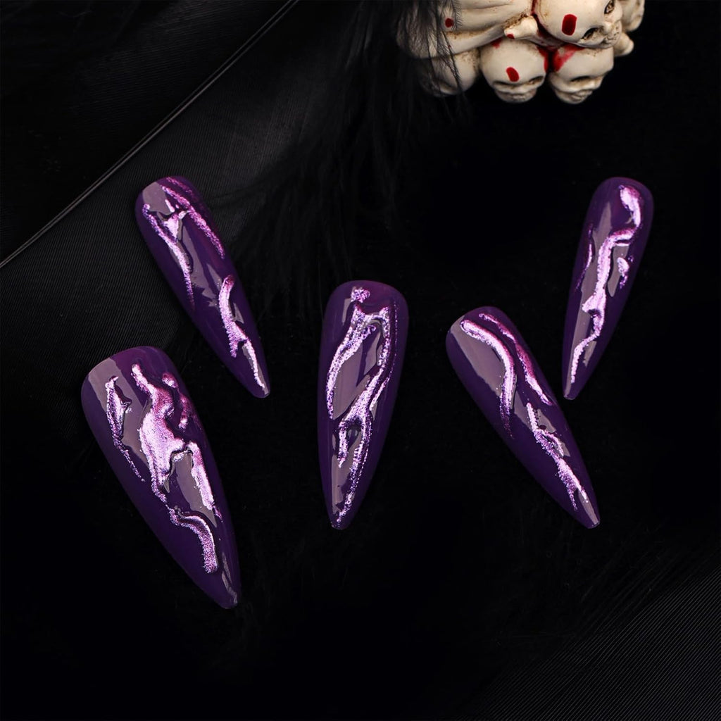 24 PCS Devil's Claws Press On Nails,3D Curve Line Acrylic False Nails, Long Stiletto Glossy Purple Glitter, Gel Glue On Nails Manicure Sparkly Stick Ons - Nest Nova Stores