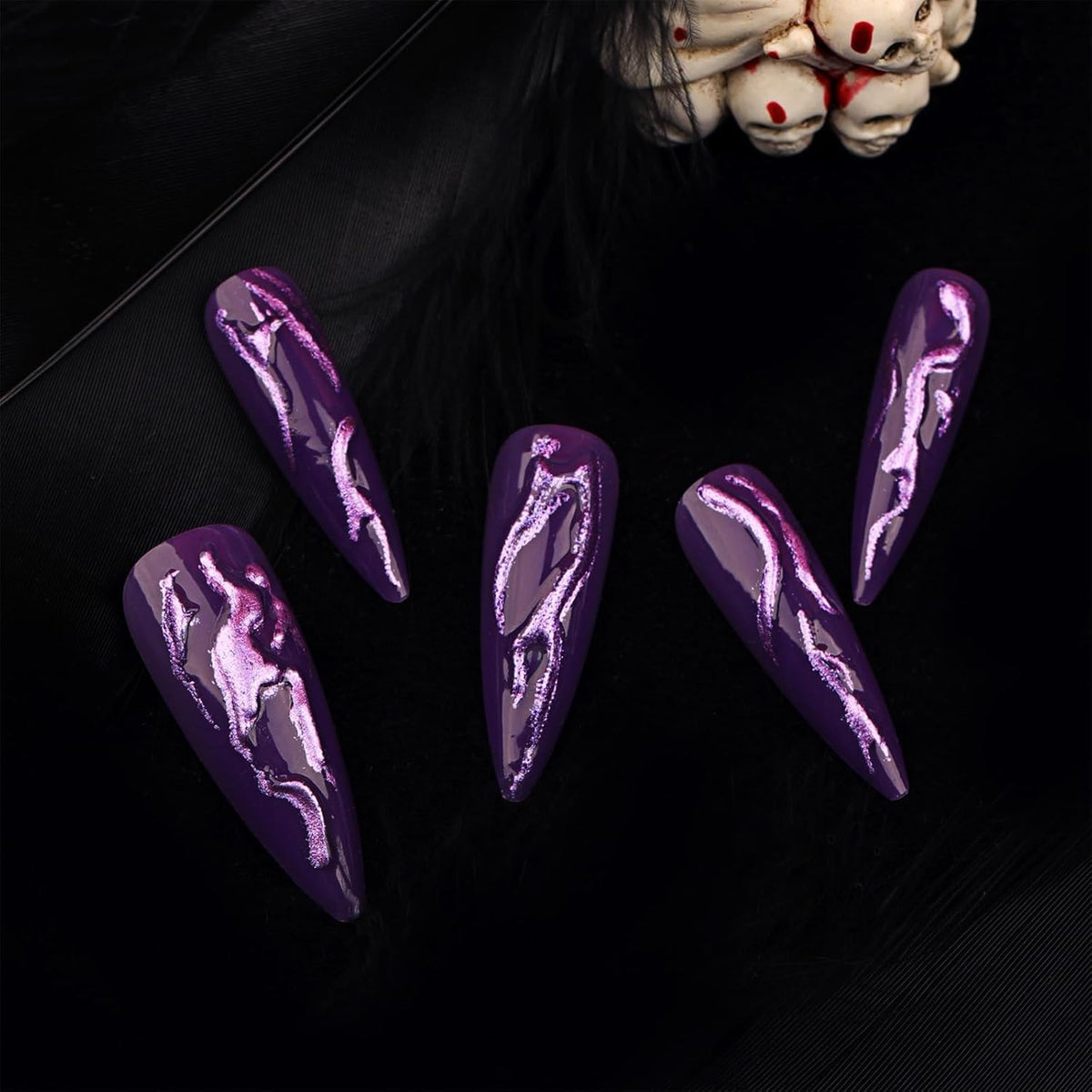 24 PCS Devil's Claws Press On Nails,3D Curve Line Acrylic False Nails, Long Stiletto Glossy Purple Glitter, Gel Glue On Nails Manicure Sparkly Stick Ons - Nest Nova Stores