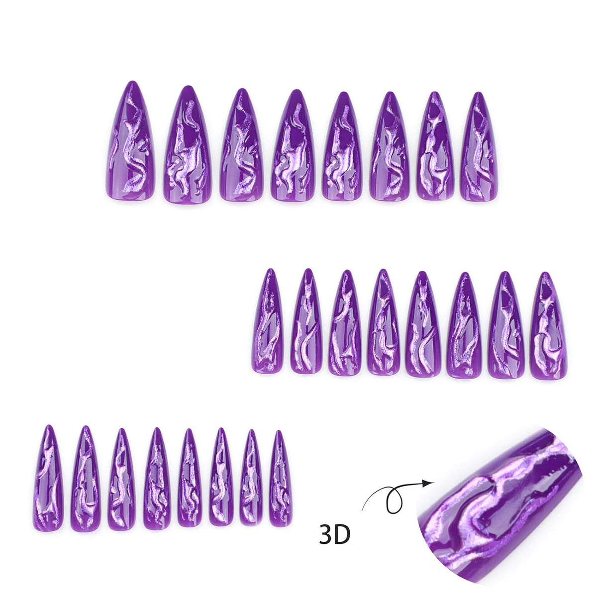 24 PCS Devil's Claws Press On Nails,3D Curve Line Acrylic False Nails, Long Stiletto Glossy Purple Glitter, Gel Glue On Nails Manicure Sparkly Stick Ons - Nest Nova Stores