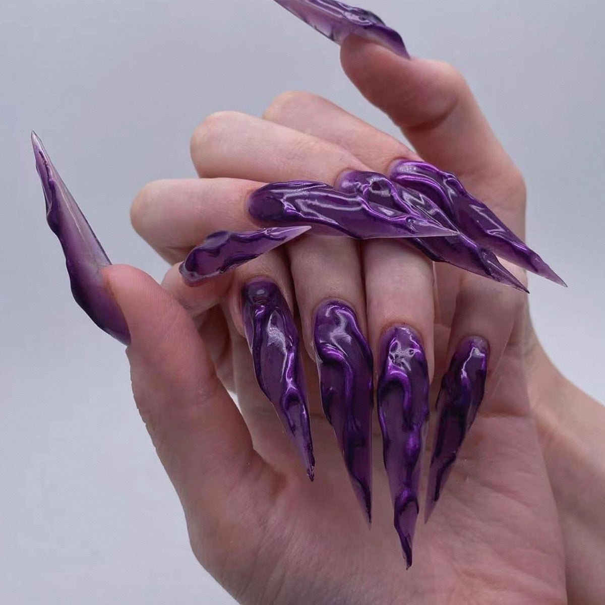 24 PCS Devil's Claws Press On Nails,3D Curve Line Acrylic False Nails, Long Stiletto Glossy Purple Glitter, Gel Glue On Nails Manicure Sparkly Stick Ons - Nest Nova Stores