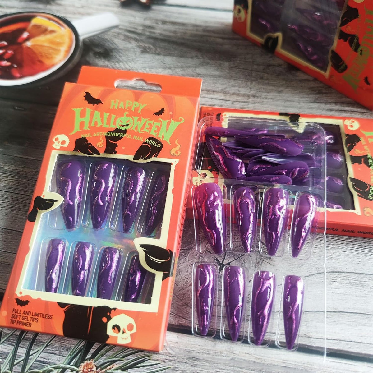 24 PCS Devil's Claws Press On Nails,3D Curve Line Acrylic False Nails, Long Stiletto Glossy Purple Glitter, Gel Glue On Nails Manicure Sparkly Stick Ons - Nest Nova Stores