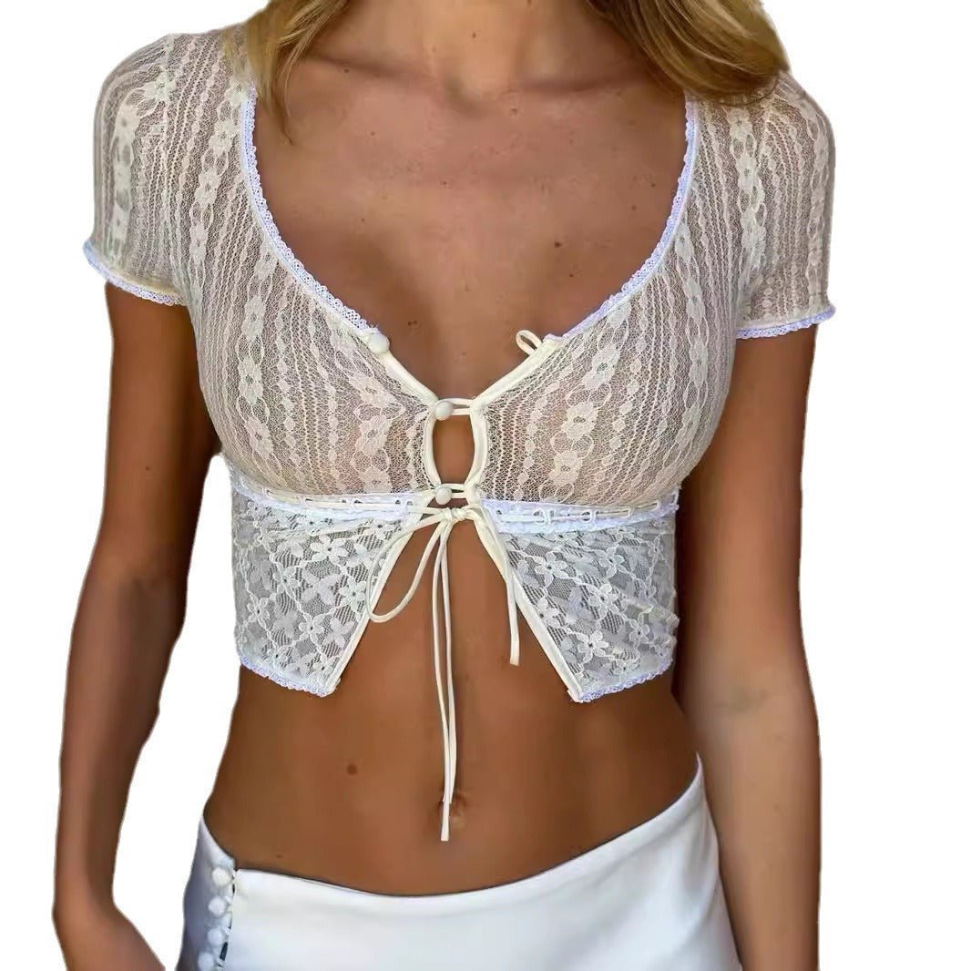 Button Sexy Lace Short Midriff Outfit Exposed Short Sleeve T-shirt - Nest Nova Stores
