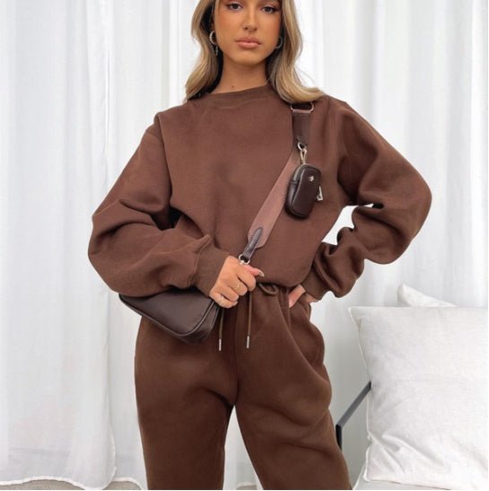 Solid Color Round Neck Pullover, Long Pants And Long Sleeve Hoodie Set - Nest Nova Stores