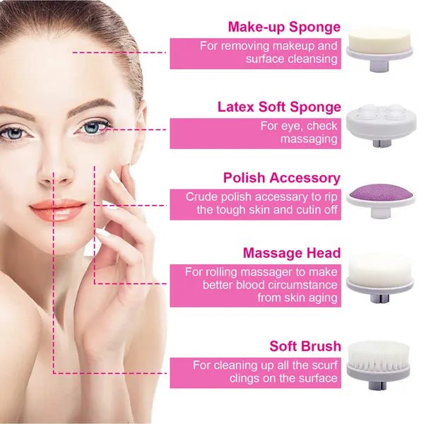 Waterproof Facial Cleansing Brush Face Spin Cleaning Brush Scrubber With 5 Brush Heads For Women - Nest Nova Stores