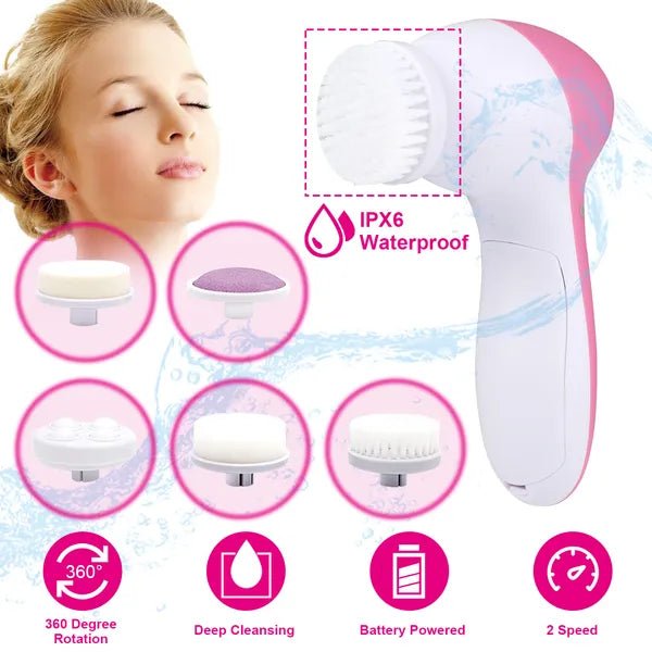 Waterproof Facial Cleansing Brush Face Spin Cleaning Brush Scrubber With 5 Brush Heads For Women - Nest Nova Stores