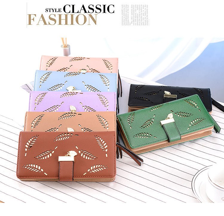 Women's Fashion Long Wallet Clutch - Elegant Hollow Out Leaf Design Zipper Closure Wristlet Handbag With Card Slots & Phone Compartment, Trendy Evening Purse For Ladies & Girls - Nest Nova Stores