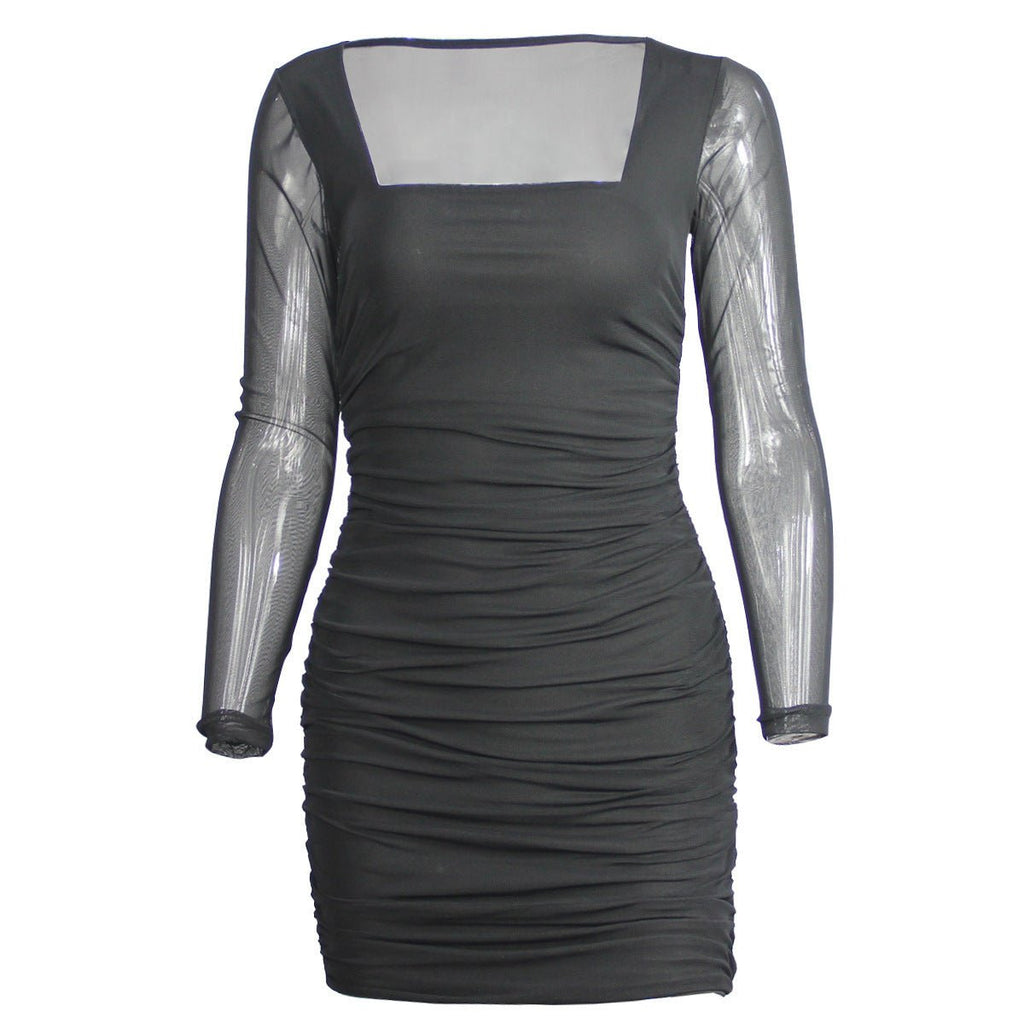 Yamamei Autumn And Winter Women's Black Sheer Mesh Long Sleeve Pleated Dress - Nest Nova Stores