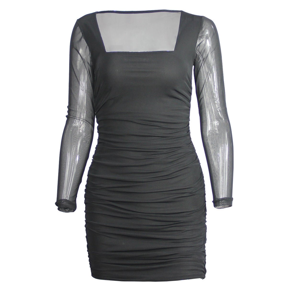 Yamamei Autumn And Winter Women's Black Sheer Mesh Long Sleeve Pleated Dress - Nest Nova Stores